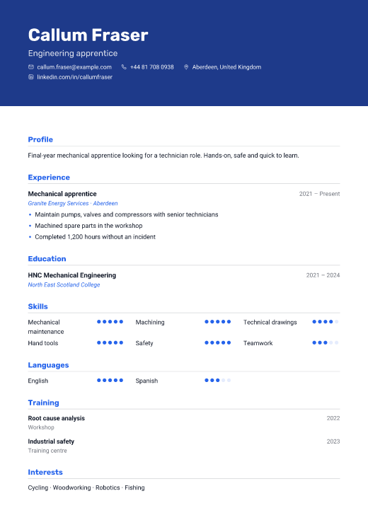 Engineering apprentice resume template, Route design