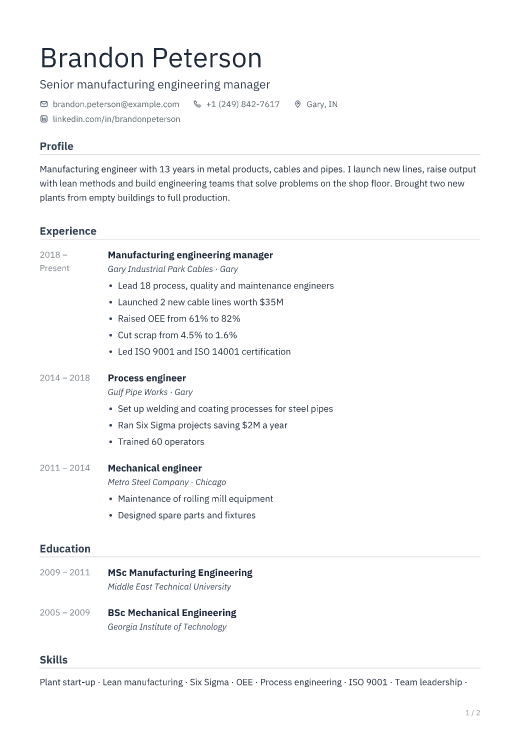 Senior manufacturing engineering manager resume template, Depot design, 2 pages