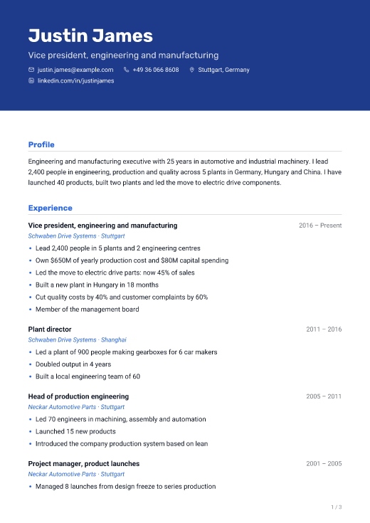 Vice president, engineering and manufacturing resume template, Route design, 3 pages