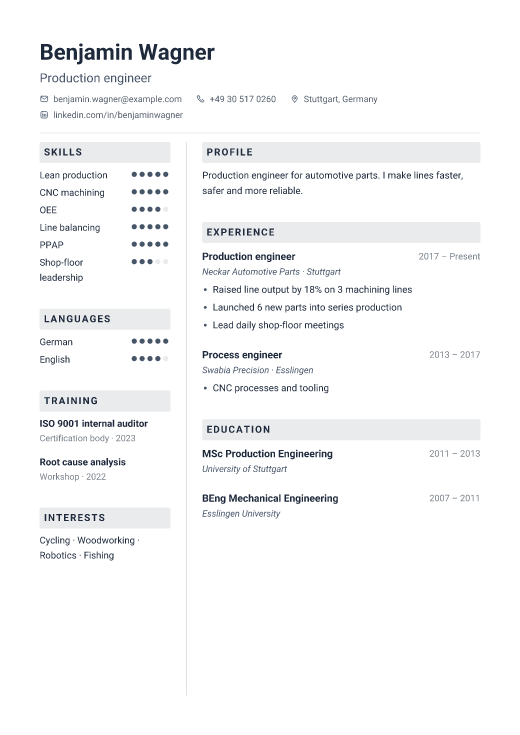 Production engineer resume template, Toolbox design