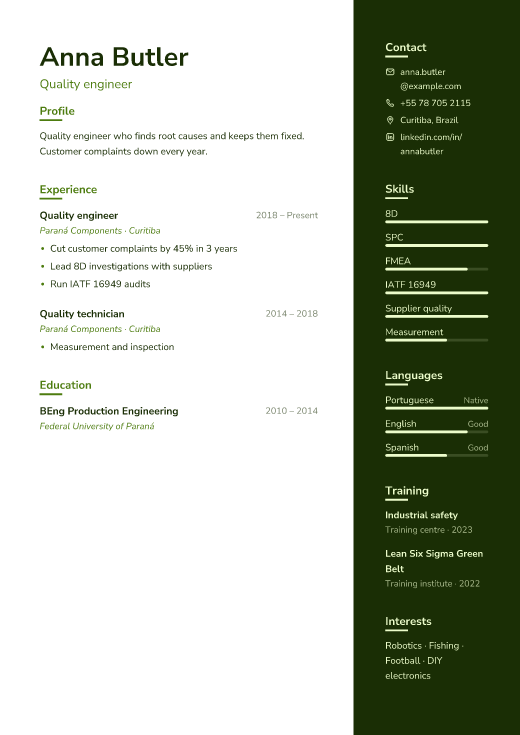 Quality engineer resume template, Field design