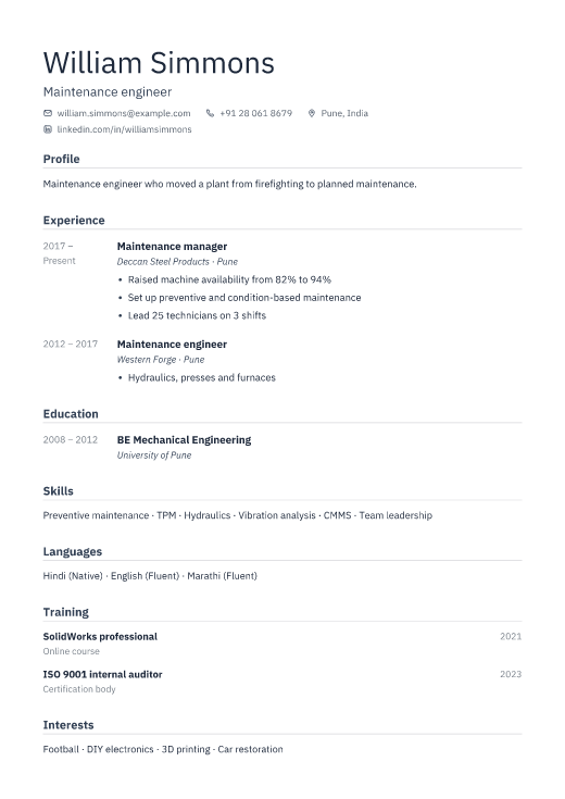 Maintenance engineer resume template, Depot design