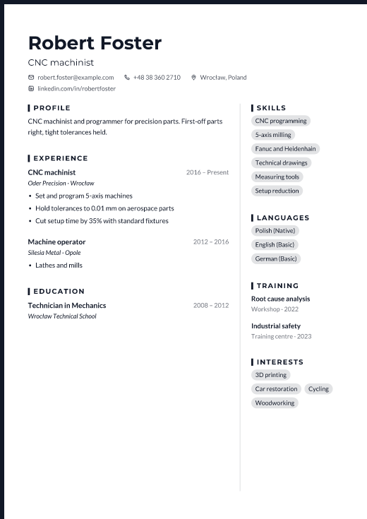 CNC machinist resume template, Forge design