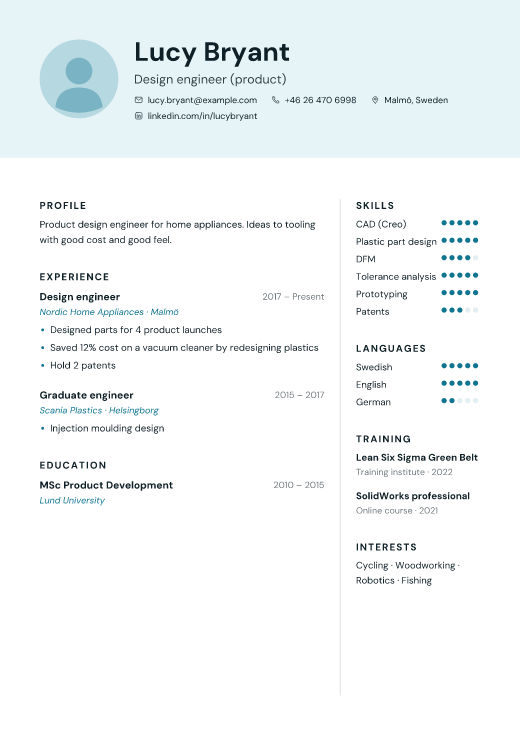 Design engineer (product) resume template, Crew design