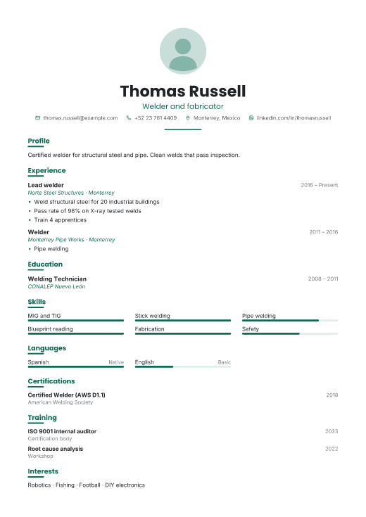 Welder and fabricator resume template, Shift design