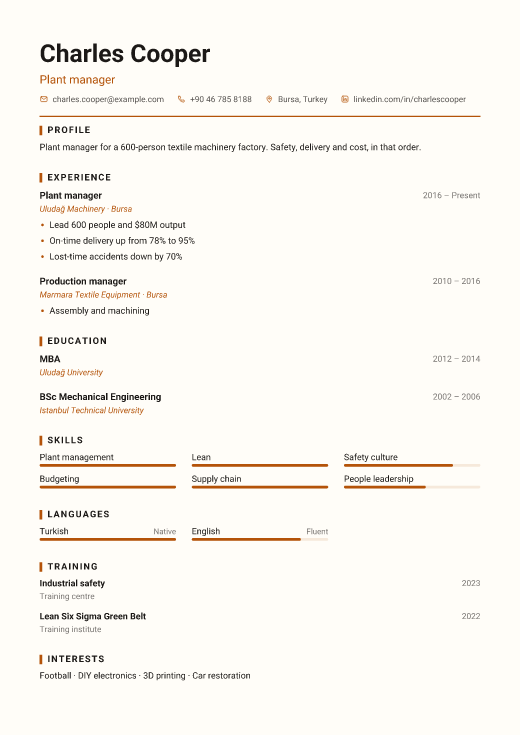 Plant manager resume template, Workshop design