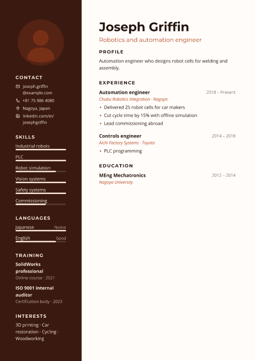 Robotics and automation engineer resume template, Site design