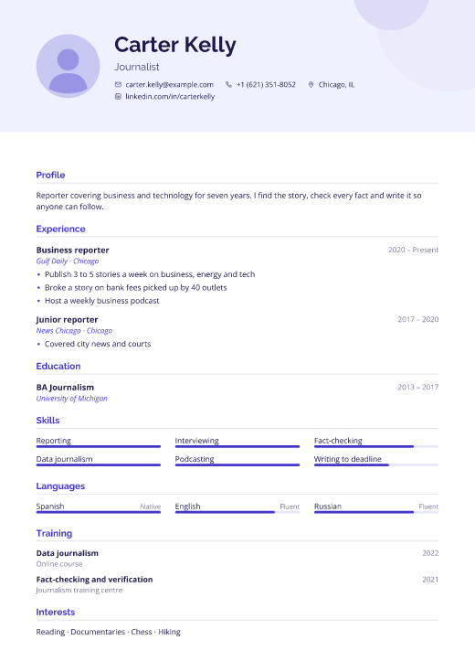 Journalist resume template, Spotlight design