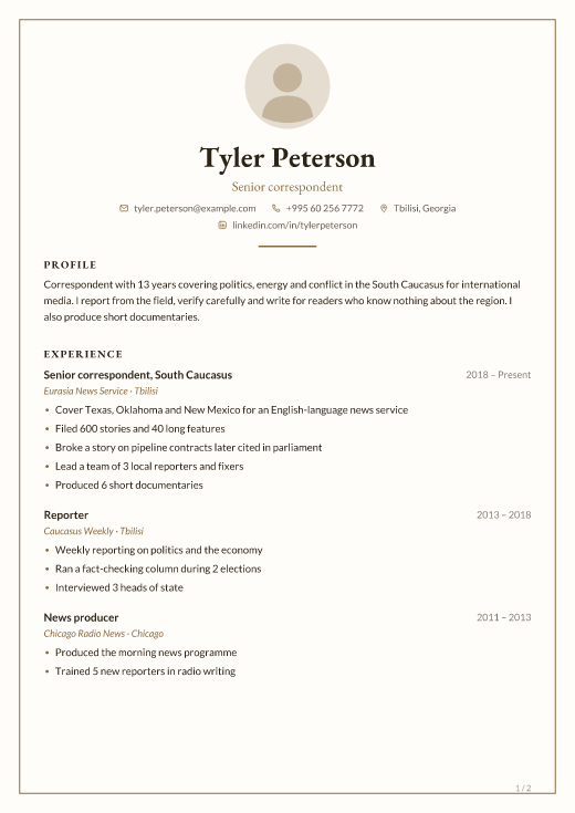 Senior correspondent resume template, Frame design, 2 pages