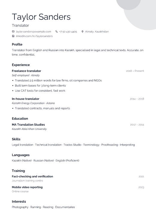 Translator resume template, Gallery design
