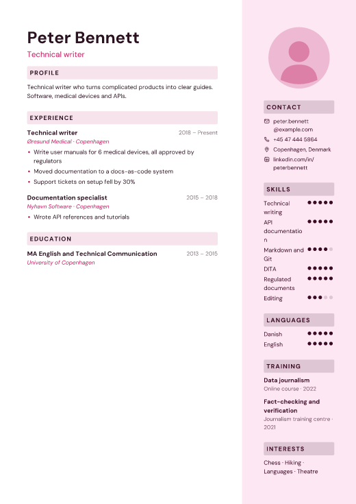 Technical writer resume template, Palette design