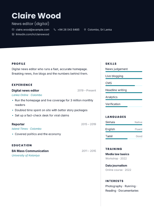 News editor (digital) resume template, Neon design