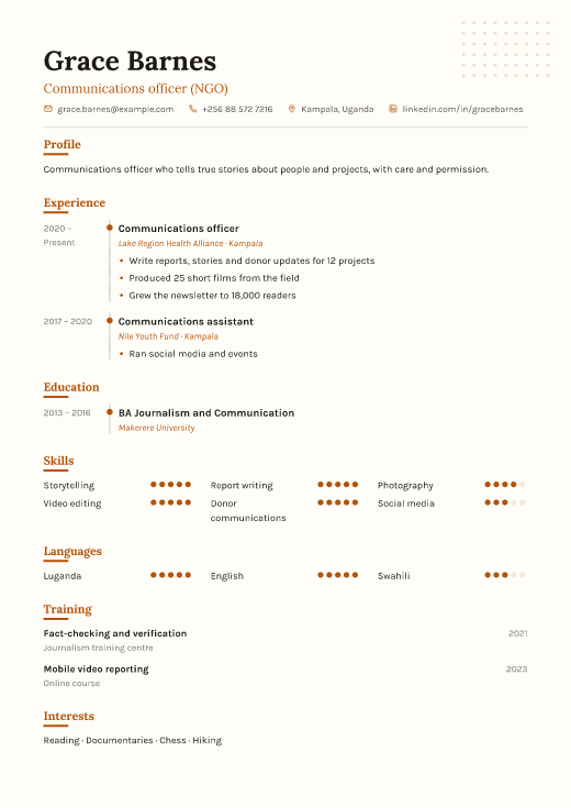 Communications officer (NGO) resume template, Sketch design