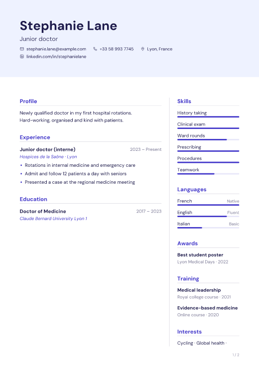 Junior doctor resume template, Mercy design