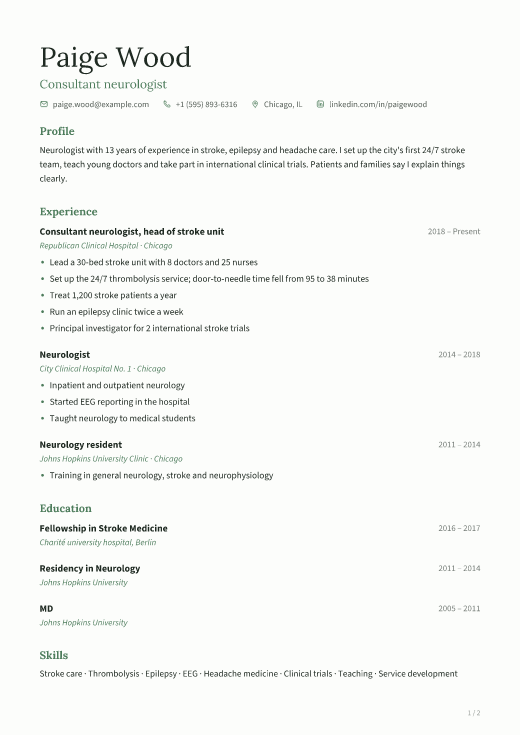 Consultant neurologist resume template, Calm design, 2 pages