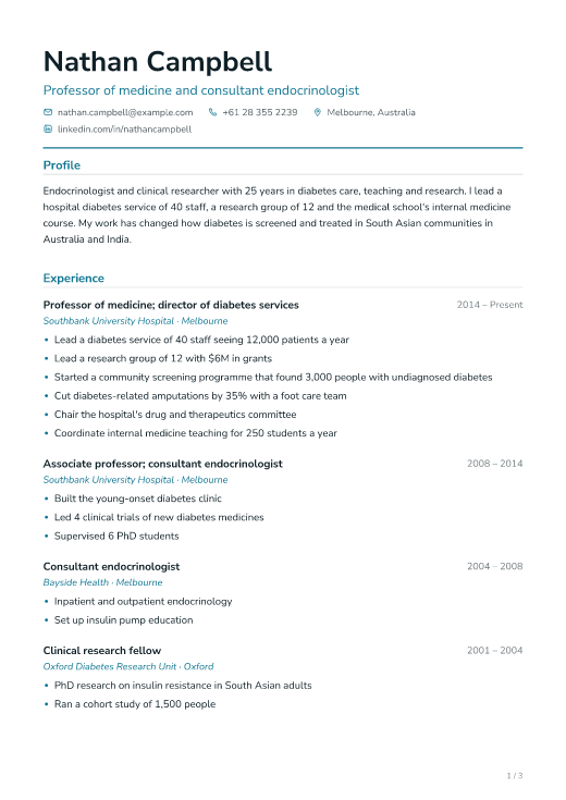 Professor of medicine and consultant endocrinologist resume template, Clinic design, 3 pages