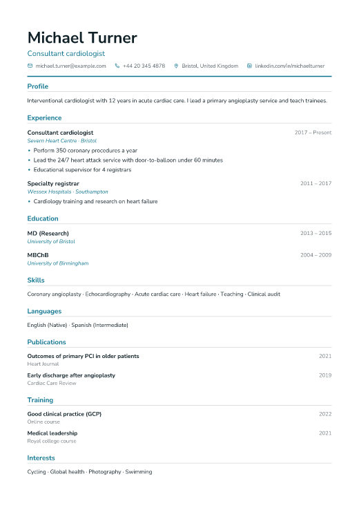 Consultant cardiologist resume template, Clinic design