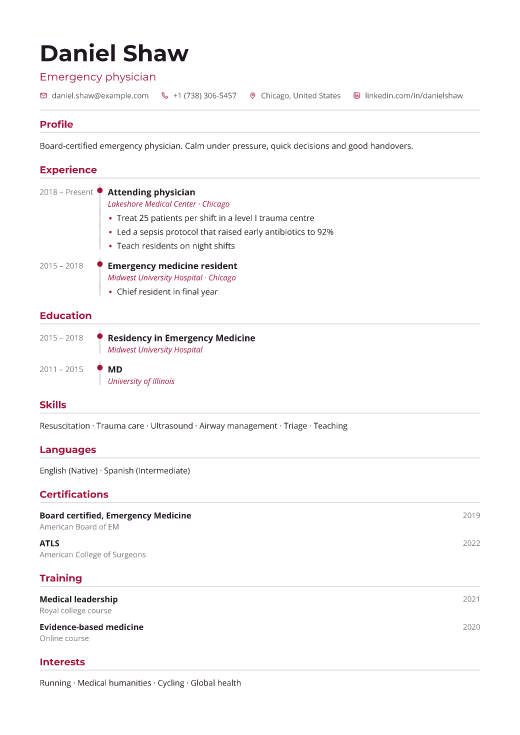 Emergency physician resume template, Pulse design