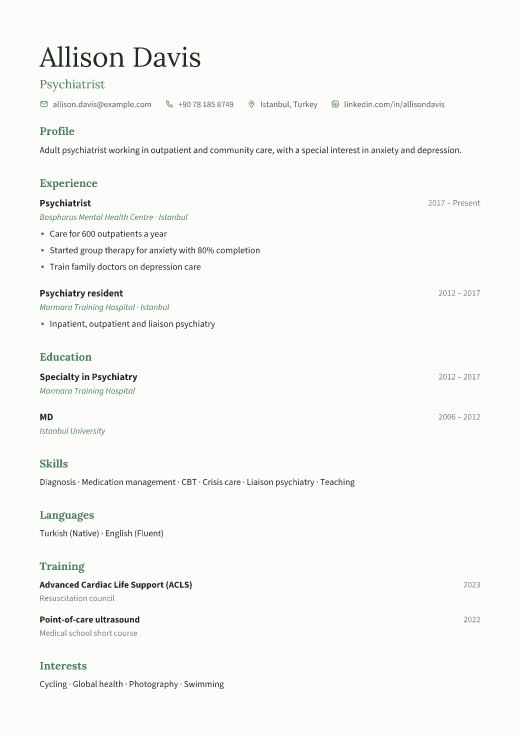 Psychiatrist resume template, Calm design