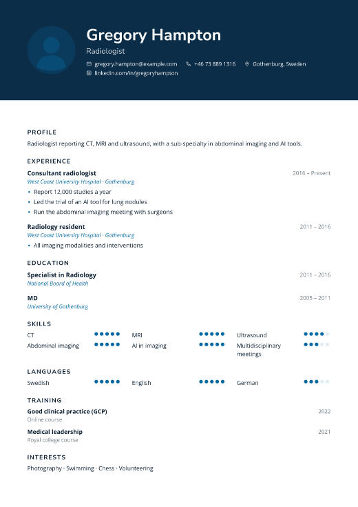 Radiologist resume template, Rounds design