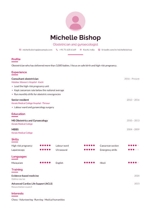 Obstetrician and gynaecologist resume template, Care design