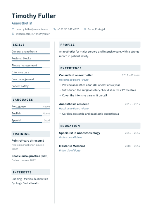 Anaesthetist resume template, Lab design