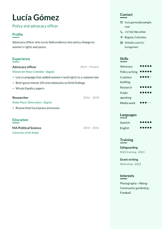 Policy and advocacy officer resume template, Remedy design
