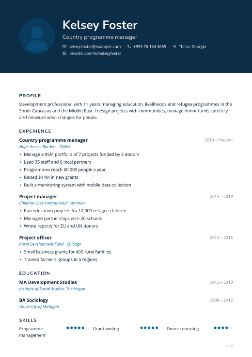 Country programme manager resume template, Rounds design, 2 pages
