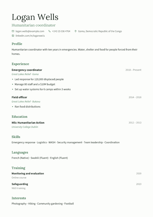 Humanitarian coordinator resume template, Calm design