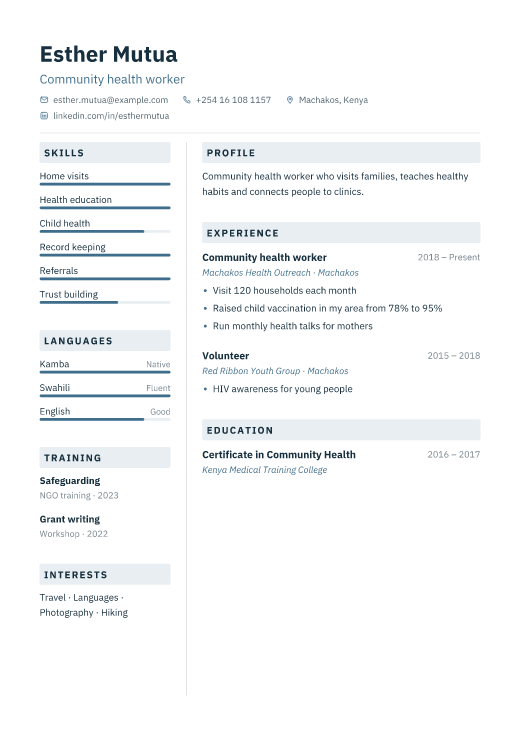 Community health worker resume template, Lab design
