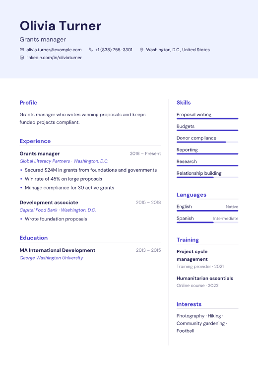 Grants manager resume template, Mercy design