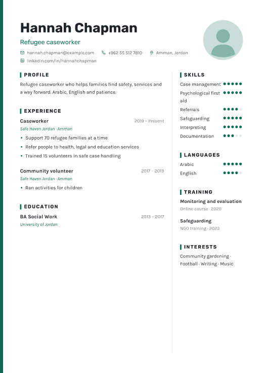 Refugee caseworker resume template, Haven design