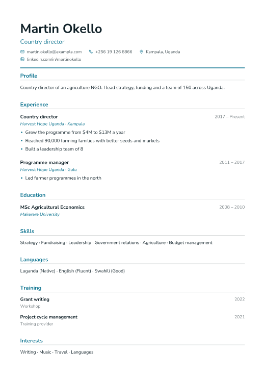 Country director resume template, Clinic design