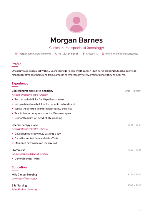 Clinical nurse specialist (oncology) resume template, Care design, 2 pages