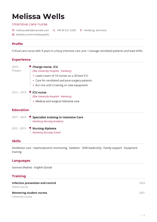 Intensive care nurse resume template, Pulse design