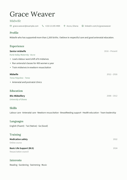 Midwife resume template, Calm design