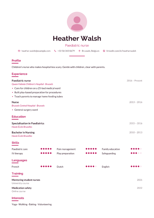 Paediatric nurse resume template, Care design