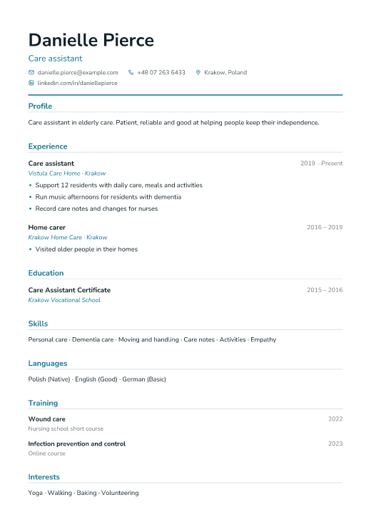 Care assistant resume template, Clinic design