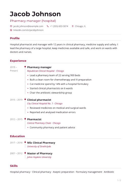 Pharmacy manager (hospital) resume template, Pulse design, 2 pages