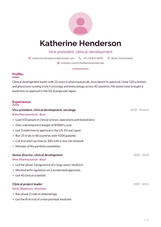 Vice president, clinical development resume template, Care design, 3 pages