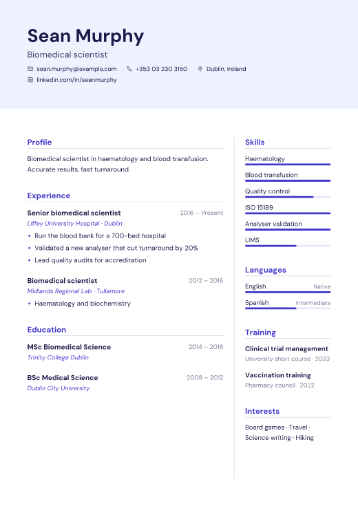 Biomedical scientist resume template, Mercy design