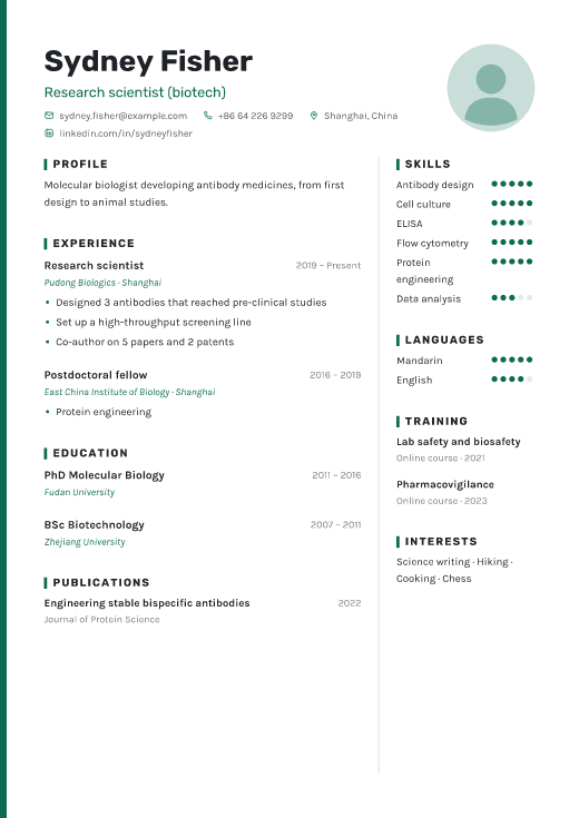 Research scientist (biotech) resume template, Haven design