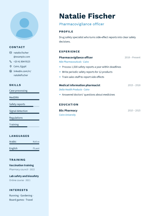 Pharmacovigilance officer resume template, Ward design