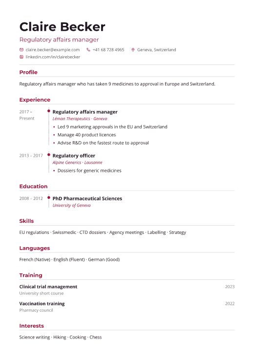 Regulatory affairs manager resume template, Pulse design