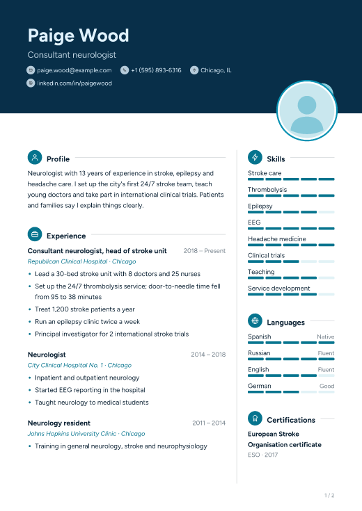 Consultant neurologist resume template, Aqua Deep design, 2 pages
