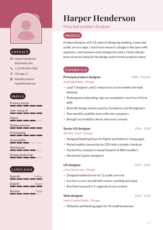 Principal product designer resume template, Blush Studio design, 2 pages