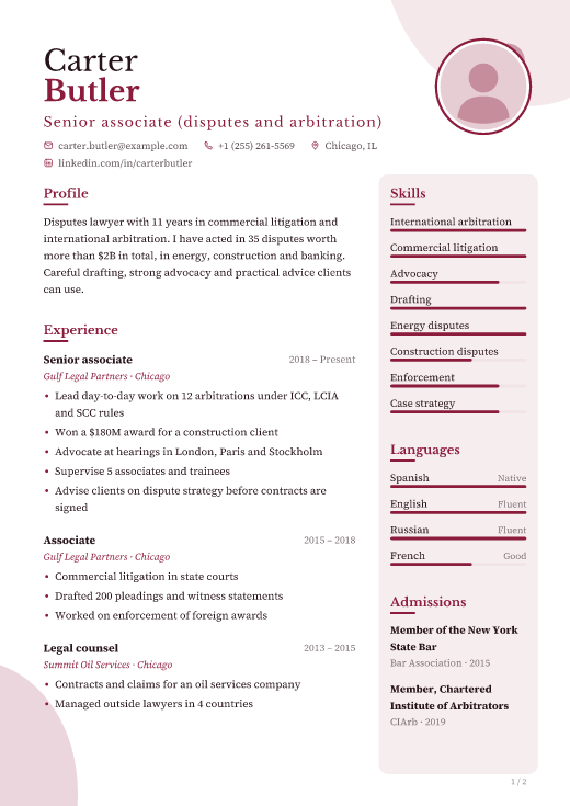 Senior associate (disputes and arbitration) resume template, Burgundy Grace design, 2 pages