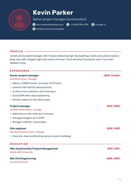 Senior project manager (construction) resume template, Cherry Navy design, 2 pages