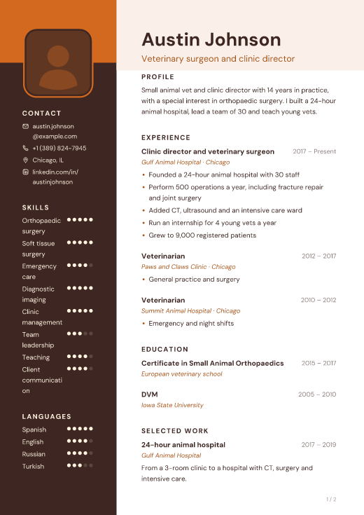 Veterinary surgeon and clinic director resume template, Cocoa design, 2 pages