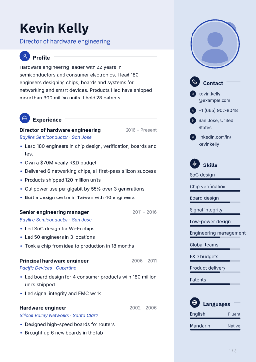 Director of hardware engineering resume template, Denim design, 3 pages